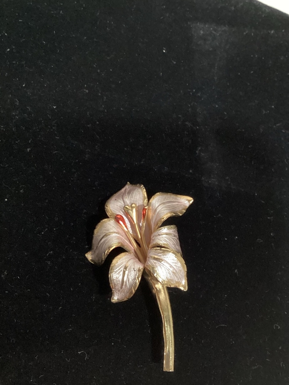 Gold-Tone Pink Enamel Lily Brooch with Red Stamen Accents